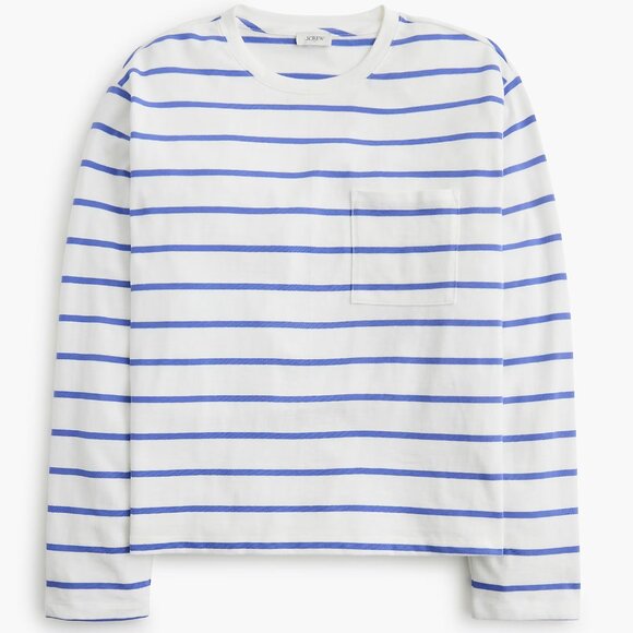 J. Crew Factory Tops - J. Crew Ivory Bistro Blue Striped Long-Sleeve Pocket Tee/NWT/L